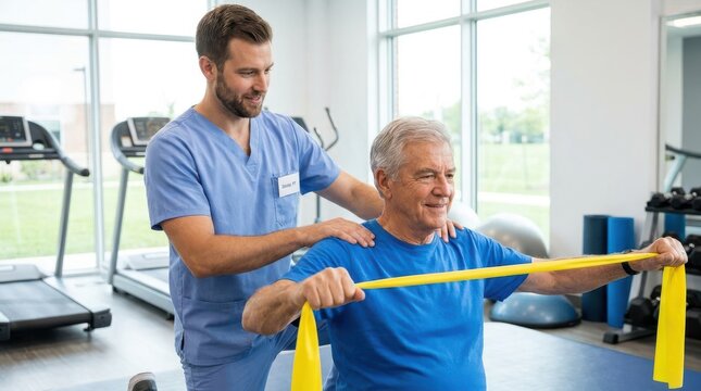 Physical therapist assisting senior man with resistance band in rehabilitation exercise in clinic.