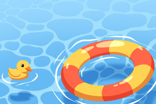 Inflatable swim ring lifebuoy and cute yellow rubber duck floating on clear blue swimming pool water surface.