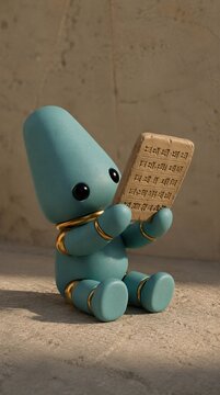 Cute Minimalist Robot Reading an Ancient Cuneiform Clay Tablet in Warm Natural Light