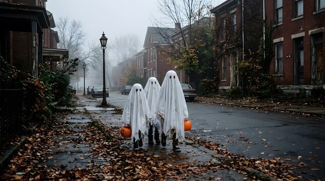 Halloween trick or treaters four children dressed as ghosts walk down a foggy residential street