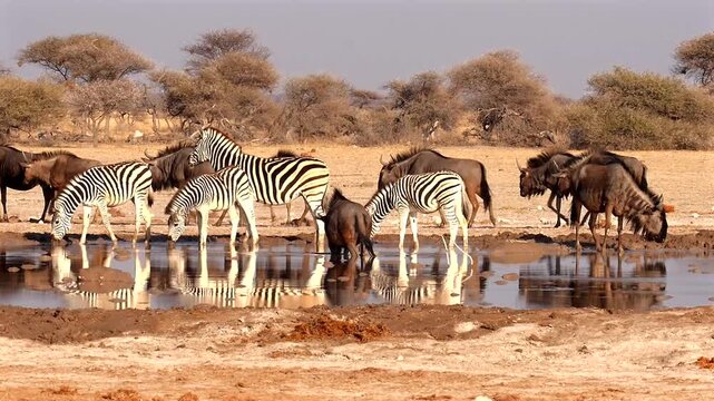 plains zebras, Equus quagga, and gnus, Connochaetes taurinus, at waterhole 555