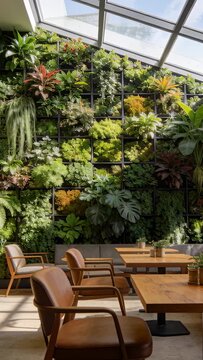 Vertical video: Tilting camera, revealing vertical planter grid and exposing skylight in lounge