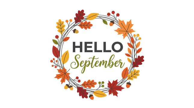 Hello September Autumn Wreath of Leaves and Acorns