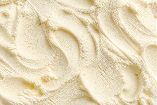 The picture shows a close-up view of vanilla ice cream in a container. The surface has a smooth and wavy pattern. This ice cream is ready to be served.