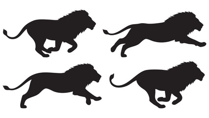 Fototapeta na wymiar Lion silhouettes in various running poses black on white background