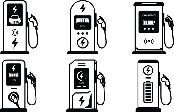 Electric Vehicle Charging Stations Showing Various Battery Levels And Statuses