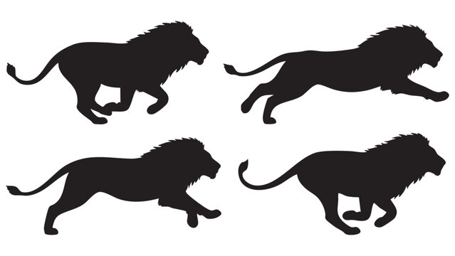 Lion silhouettes in various running poses black on white background