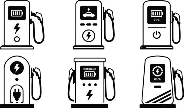 Electric Vehicle Charging Stations With Different Battery Percentage Indicators Displayed
