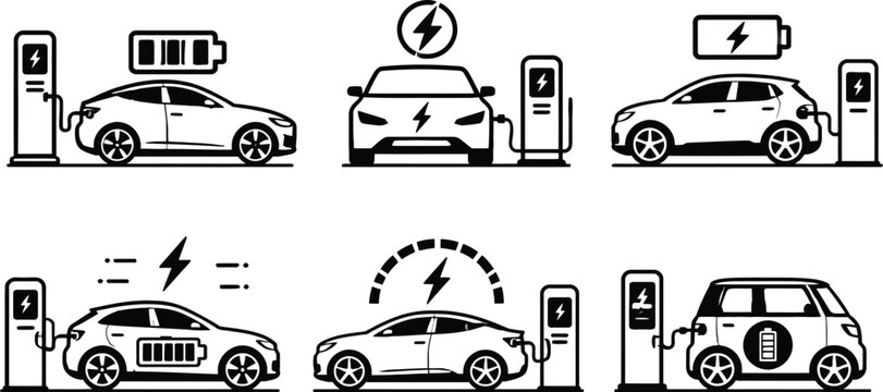 Electric vehicles charging at various modern charging stations illustration