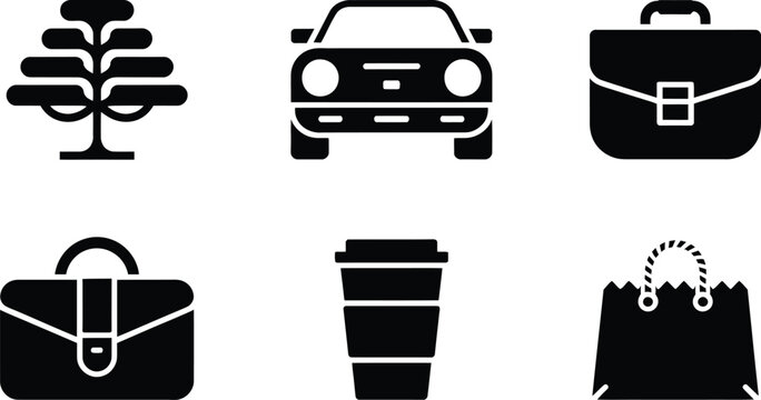 Set of six minimalist icons featuring everyday objects and transportation