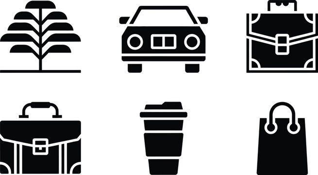 Set of six minimalist icons featuring everyday objects and travel essentials