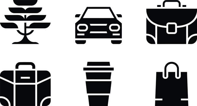 Set of six minimalist icons featuring travel and daily essential items