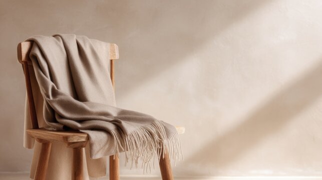 Soft folded caramel cashmere blanket draped over a minimalist oak chair in the foreground, bright eco inspired autumn interior with warm ivory walls