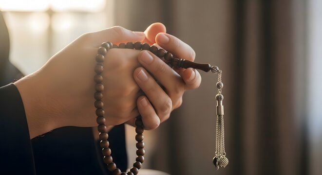 Hands holding prayer beads in spiritual meditation. Close-up of rosary used for mindfulness and religious devotion.