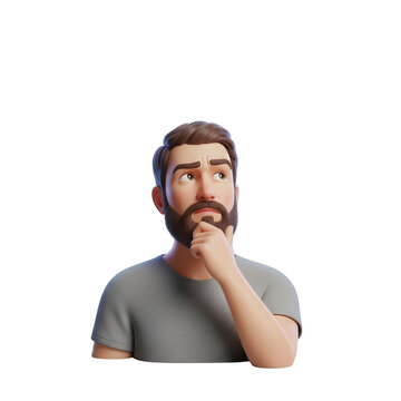 A 3d cartoon man with a thoughtful expression