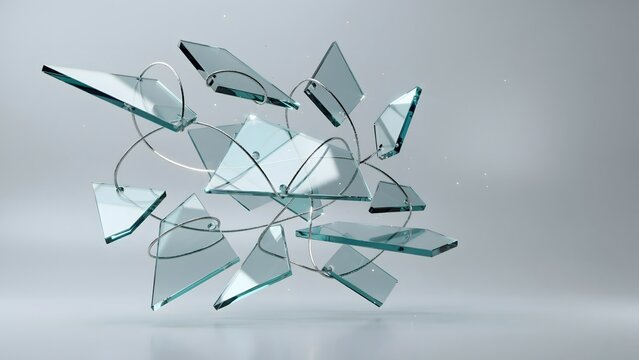 Fragmented glass platforms stitched together with silver thread &ndash; Ideal for risk management, structural integrity, or business integration.