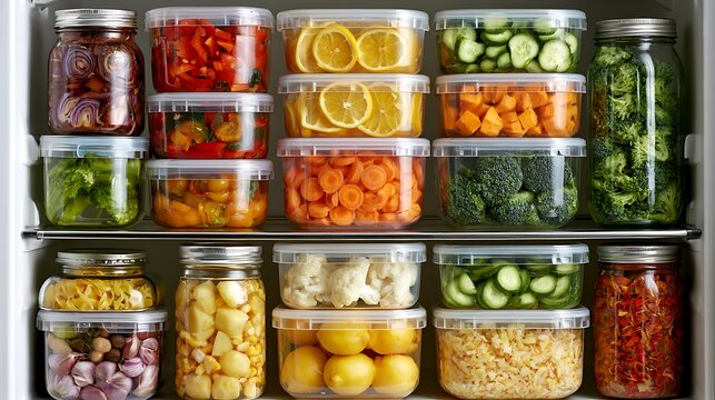 Assorted preserved vegetables in glass jars on shelves shelf storage