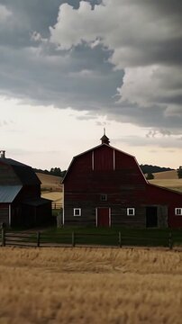 Vertical video: Standing 2 red barns facing approaching storm on farmstead, with lightning and wind