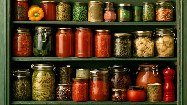 Assorted preserves, jams, and pickled vegetables in glass jars on shelves