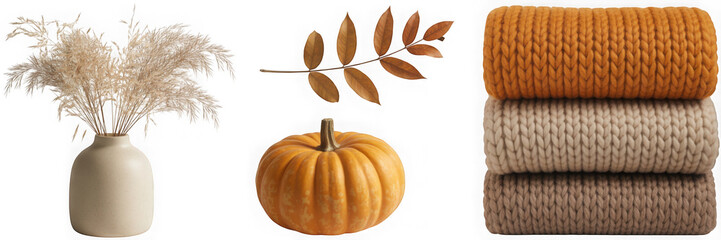 Cozy autumn decor set with dried flowers pumpkin and folded warm blankets isolated on transparent background