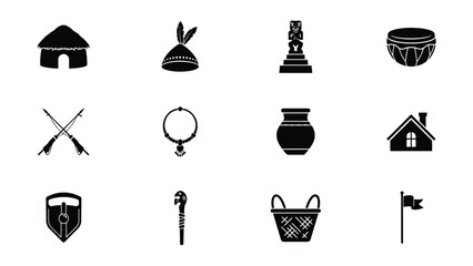 Naklejka premium Black with displays minimalist black white icon collection featuring traditional cultural symbols architectural elements arranged grid layout
