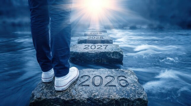 Stepping stones to success, person crossing river from 2026 to 2029 with bright future ahead.