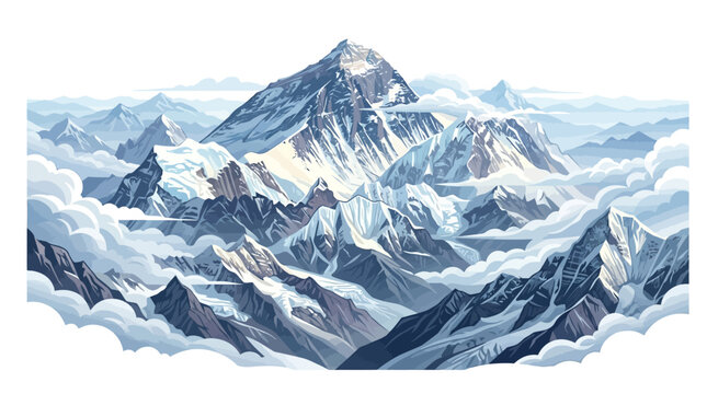 Majestic snow-capped Mount Everest summit viewed from above, surrounded by clouds, representing a challenging mountain climb and global achievement in a majestic panorama