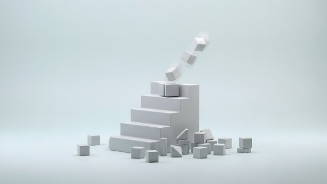 Modern minimalist staircase forming from floating white cubes &ndash; Great for success, incremental development, or construction concepts.
