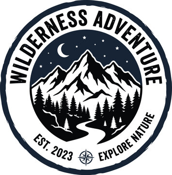 Adobe Illustrator Artwork   Wilderness adventure mountain badge. Outdoor exploration emblem with forest and night sky.
