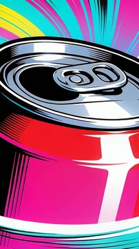 Vertical video: Zooming out camera revealing can in pop-art poster with pull-tab closed and burst