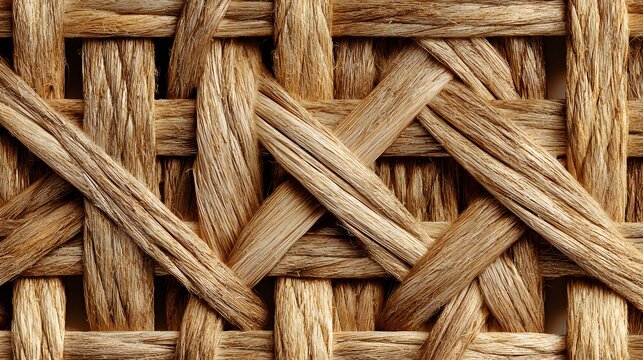 Close-up macro view of natural woven rattan texture with intricate beige fibers crossing