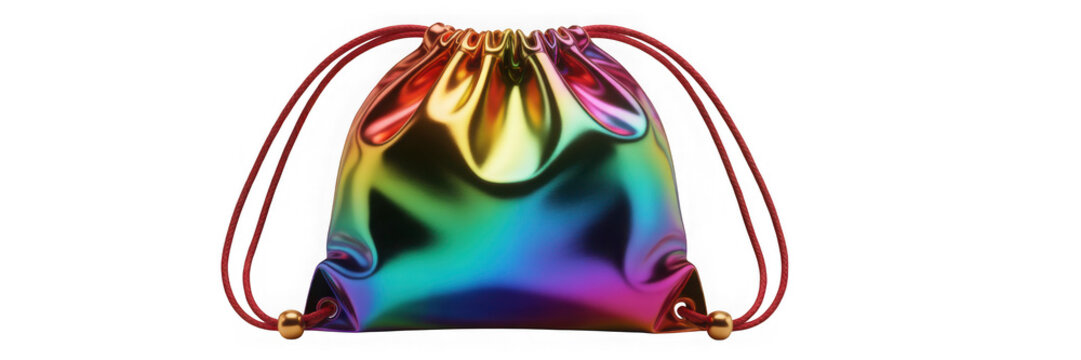 Shiny holographic drawstring backpack bag for sports and gym activities isolated on transparent background