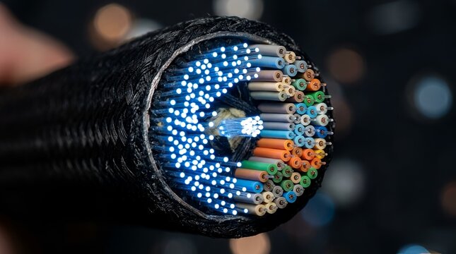 A close-up view of a severed fiber optic cable showing a dense bundle of colorful wires and a glowing blue light core in the center point