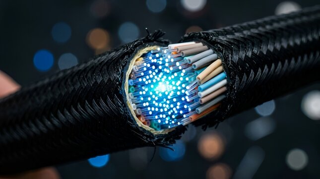 A cross section of a thick black fiber optic cable showing multiple colorful internal wires and a glowing blue light core in the center