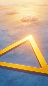 Vertical video: Moving yellow triangular frame rising on textured floor, warm light sweeping apex