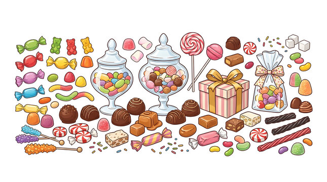 Sweet Shop Candy Buffet Vector Set with Chocolates, Wrapped Candies, Marshmallows, and Celebration Gift Box