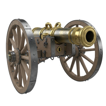 A historic cannon on wheels with a brass barrel