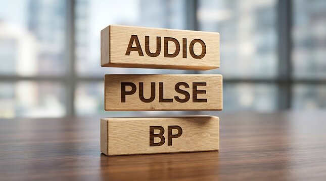 Wooden blocks spelling audio pulse bp on table stacked