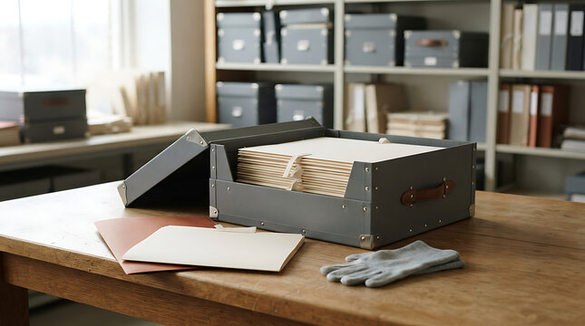 Archive storage box with paper documents on a wooden table in a library or office setting