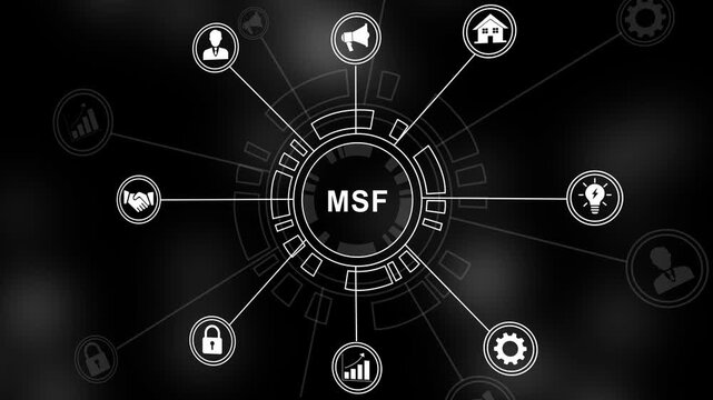 Dynamic msf digital network infographic featuring interconnected business and futuristic hud interface for corporate technology presentations, data visualization, and modern software solutions