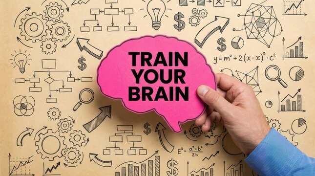 Train your brain concept on kraft paper with hand holding pink brain surrounded by business terms.
