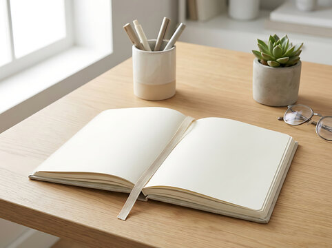 Open blank notebook with ribbon bookmark on a wooden desk with pens and a small potted succulent
