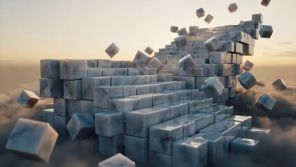 Obraz premium Staircase of marble blocks in golden cloud – Great for strategic success, step by step progress, or modern real estate branding.