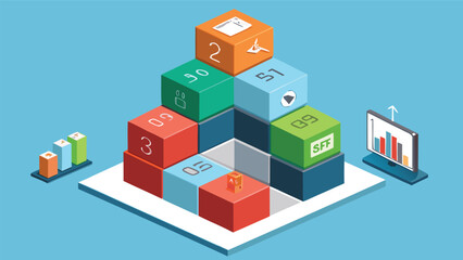 Naklejka premium Isometric business growth concept with colorful stacked blocks and data charts representing strategic planning and corporate development
