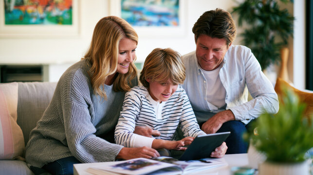 A family enjoys time together in their living room. They sit on a couch and look at a tablet while talking and smiling. A child shares a moment with parents