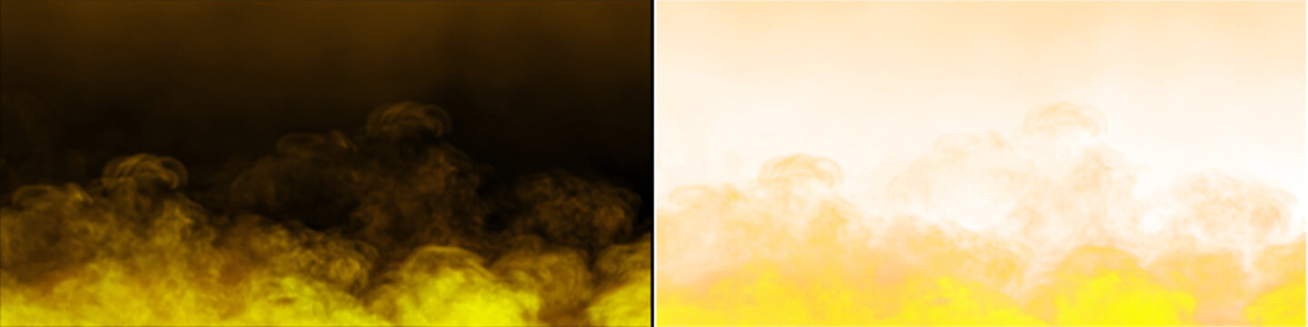 Abstract yellow smoke or fire clouds on dark background textured wisps.