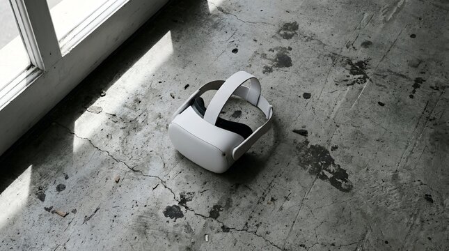 A white virtual reality headset resting on a rough, grey concrete floor near a window, capturing the contrast between technology and texture