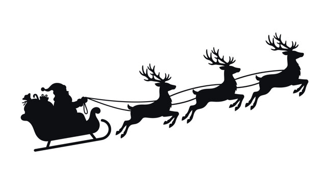 Black silhouette of Santa Claus flying in his sleigh pulled by three fast jumping reindeer