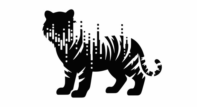 Silhouette of a tiger dissolving into digital abstract streaks, symbolizing transformation and technology