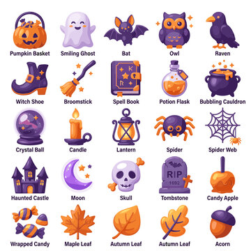 Halloween Icons Set: Spooky and Cute Characters, Objects, and Symbols